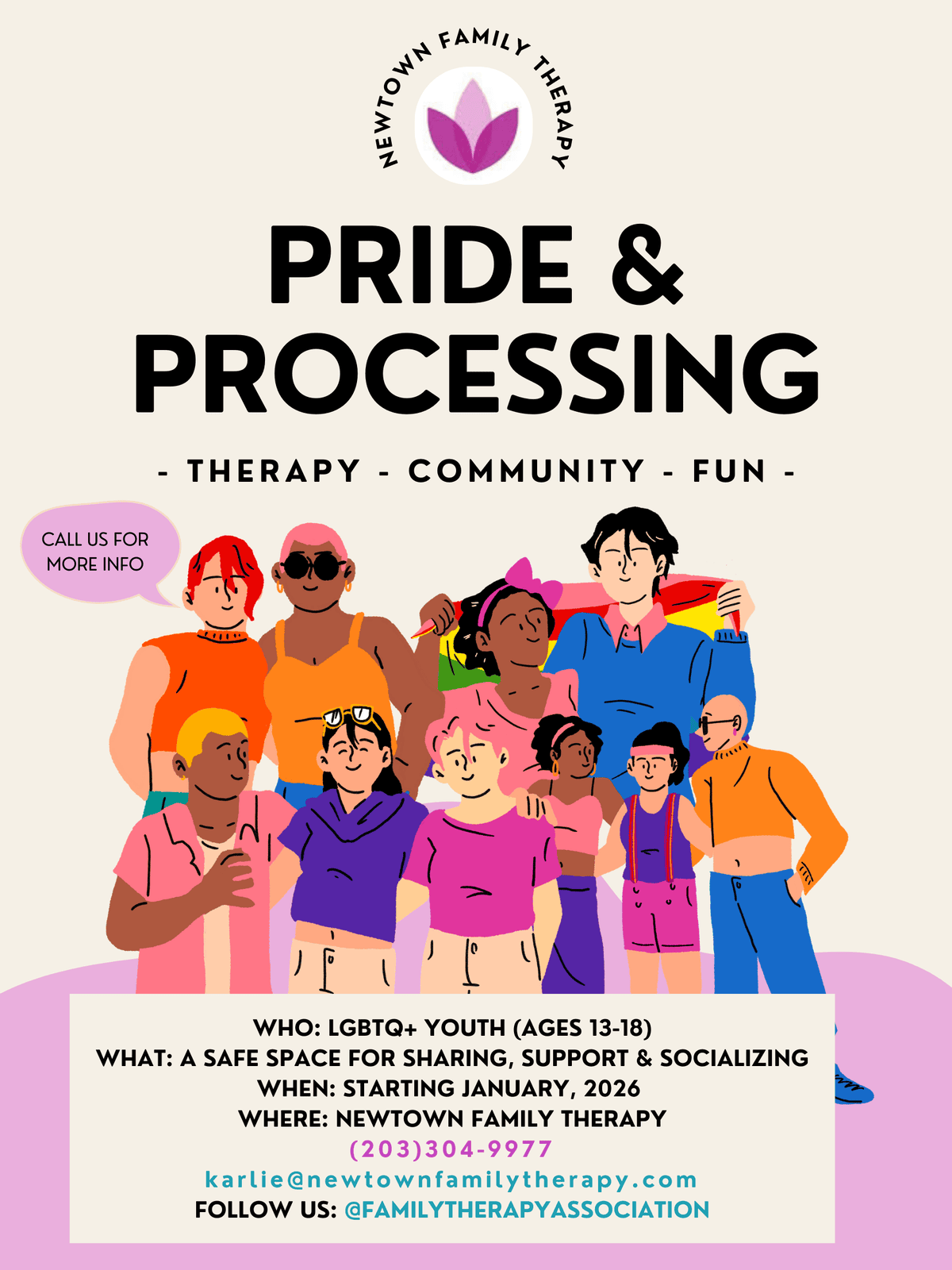 Pride and Processing therapy group flyer from Newtown Family Therapy